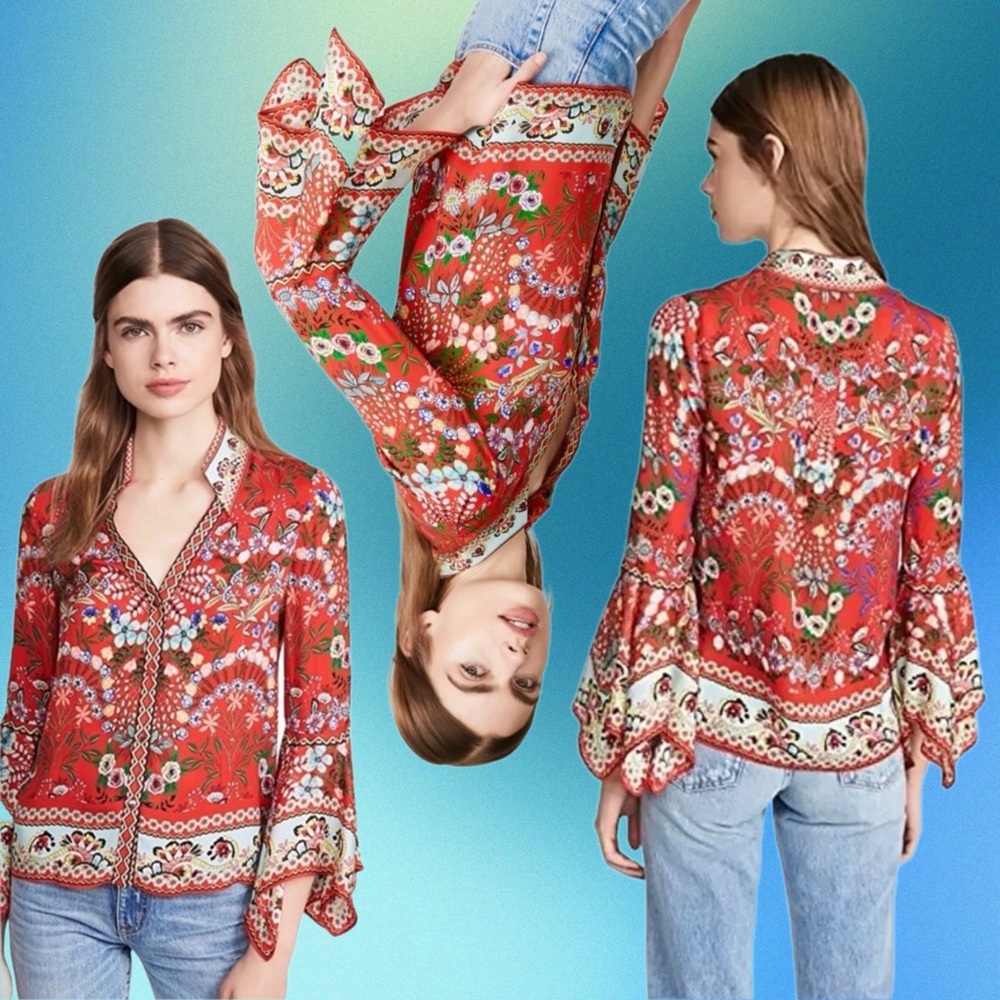 Alice + Olivia Randa Trumpet Sleeve Blouse Wildflower Bright Poppy Red S View 2